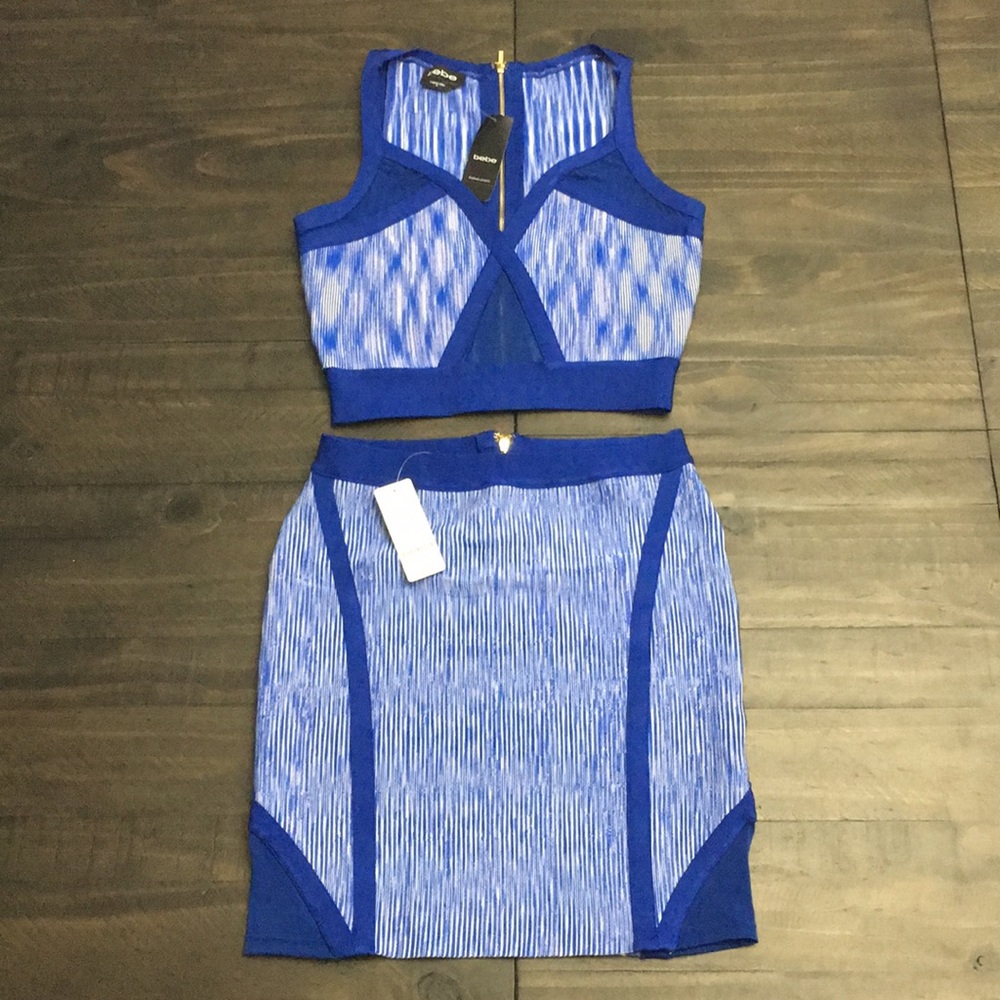 BEBE. Blue and white two piece bodycon skirt & top